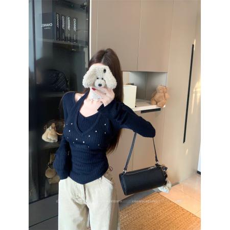 FA54577# 细闪挂脖假两件亮片长袖上衣百搭打底衫  服裝批發女裝批發服飾貨源