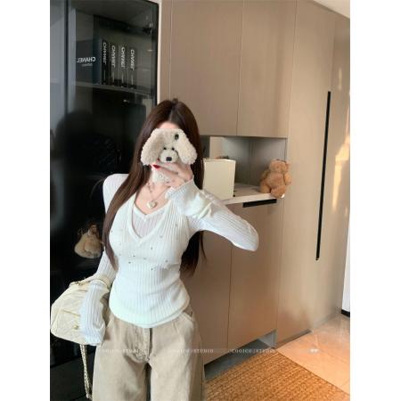 FA54577# 细闪挂脖假两件亮片长袖上衣百搭打底衫  服裝批發女裝批發服飾貨源