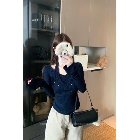 FA54577# 细闪挂脖假两件亮片长袖上衣百搭打底衫  服裝批發女裝批發服飾貨源