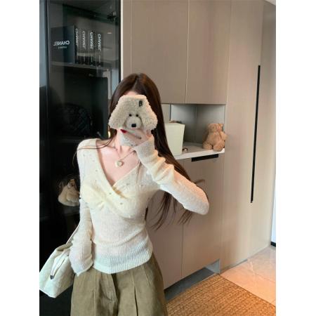 FA54578# 亮片v领袖针织衫修身显瘦上衣薄透感  服裝批發女裝批發服飾貨源