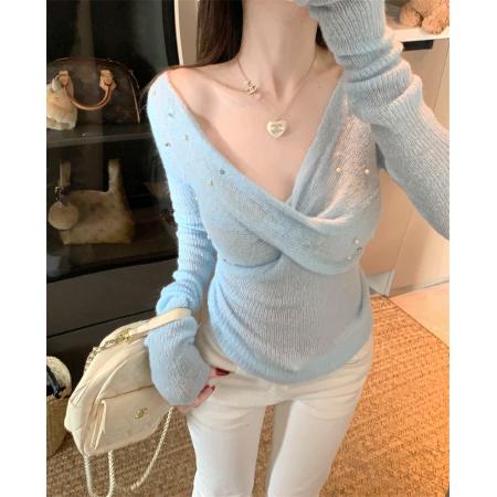 FA54578# 亮片v领袖针织衫修身显瘦上衣薄透感  服裝批發女裝批發服飾貨源