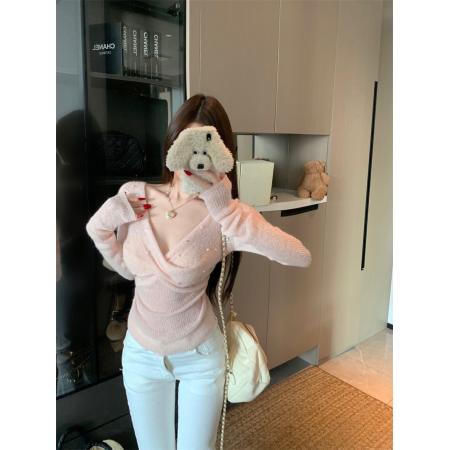 FA54578# 亮片v领袖针织衫修身显瘦上衣薄透感  服裝批發女裝批發服飾貨源