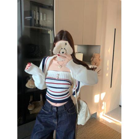 FA54579# 撞色条纹大翻领针织外套修身抹胸背心女冬季  服裝批發女裝批發服飾貨源