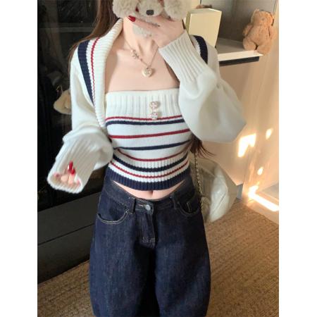 FA54579# 撞色条纹大翻领针织外套修身抹胸背心女冬季  服裝批發女裝批發服飾貨源