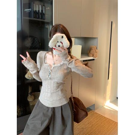 FA54580# 韩系假两件女长袖镂空设计感蕾丝拼接显瘦针织衫  服裝批發女裝批發服飾貨源