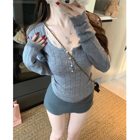 FA54580# 韩系假两件女长袖镂空设计感蕾丝拼接显瘦针织衫  服裝批發女裝批發服飾貨源