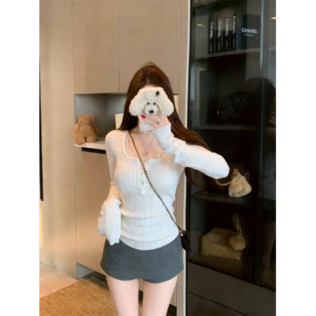 FA54580# 韩系假两件女长袖镂空设计感蕾丝拼接显瘦针织衫  服裝批發女裝批發服飾貨源