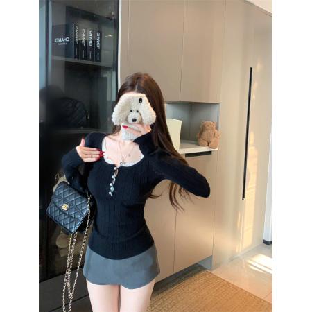 FA54580# 韩系假两件女长袖镂空设计感蕾丝拼接显瘦针织衫  服裝批發女裝批發服飾貨源