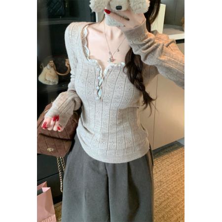 FA54580# 韩系假两件女长袖镂空设计感蕾丝拼接显瘦针织衫  服裝批發女裝批發服飾貨源