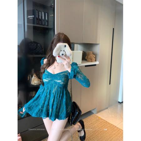 FA54584# 蕾丝衫女高级感气质方领修身纯欲性感蕾丝上衣  服裝批發女裝批發服飾貨源