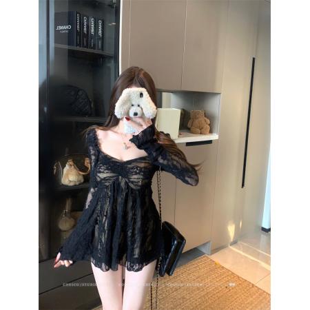 FA54584# 蕾丝衫女高级感气质方领修身纯欲性感蕾丝上衣  服裝批發女裝批發服飾貨源