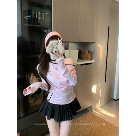 FA54585# 韩系长袖斜肩辣妹挂脖T恤女上衣  服裝批發女裝批發服飾貨源