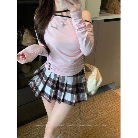 FA54585# 韩系长袖斜肩辣妹挂脖T恤女上衣  服裝批發女裝批發服飾貨源