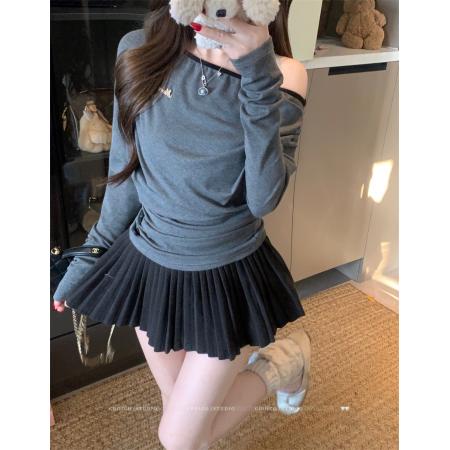 FA54585# 韩系长袖斜肩辣妹挂脖T恤女上衣  服裝批發女裝批發服飾貨源