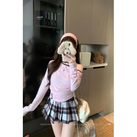 FA54585# 韩系长袖斜肩辣妹挂脖T恤女上衣  服裝批發女裝批發服飾貨源