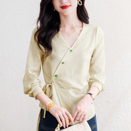 FA54589# 春季新品新中式竹叶蝴蝶肌理提花斜门襟系带小衫  服裝批發女裝批發服飾貨源