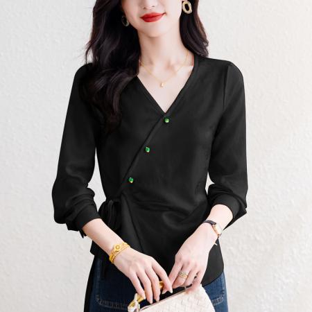 FA54589# 春季新品新中式竹叶蝴蝶肌理提花斜门襟系带小衫  服裝批發女裝批發服飾貨源