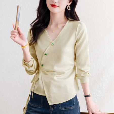FA54589# 春季新品新中式竹叶蝴蝶肌理提花斜门襟系带小衫  服裝批發女裝批發服飾貨源