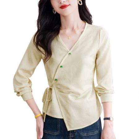 FA54589# 春季新品新中式竹叶蝴蝶肌理提花斜门襟系带小衫  服裝批發女裝批發服飾貨源