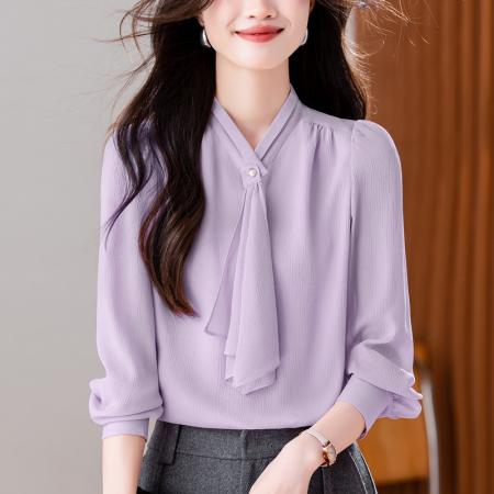 FA54590# 法式飘带雪纺长袖上衣春季新款职业通勤百搭高级感长袖衬衣  服裝批發女裝批發服飾貨源