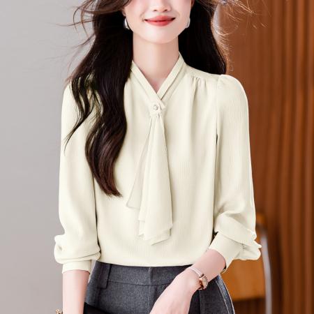 FA54590# 法式飘带雪纺长袖上衣春季新款职业通勤百搭高级感长袖衬衣  服裝批發女裝批發服飾貨源