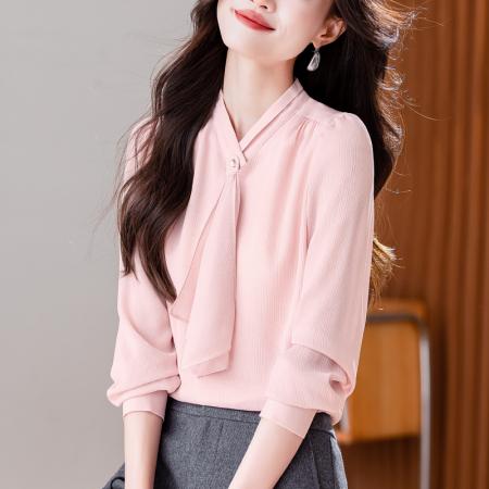 FA54590# 法式飘带雪纺长袖上衣春季新款职业通勤百搭高级感长袖衬衣  服裝批發女裝批發服飾貨源