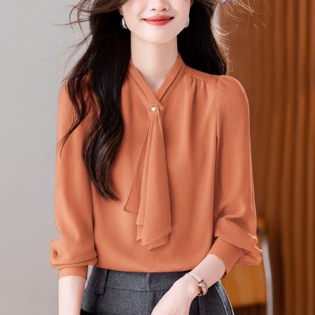 FA54590# 法式飘带雪纺长袖上衣春季新款职业通勤百搭高级感长袖衬衣  服裝批發女裝批發服飾貨源