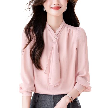 FA54590# 法式飘带雪纺长袖上衣春季新款职业通勤百搭高级感长袖衬衣  服裝批發女裝批發服飾貨源