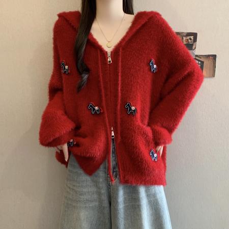 FA54591# 韩味大码胖mm软糯糯韩系大翻领仿水貂慵懒氛围感新年红色毛衣外套  服裝批發女裝批發服飾貨源