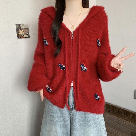 FA54591# 韩味大码胖mm软糯糯韩系大翻领仿水貂慵懒氛围感新年红色毛衣外套  服裝批發女裝批發服飾貨源