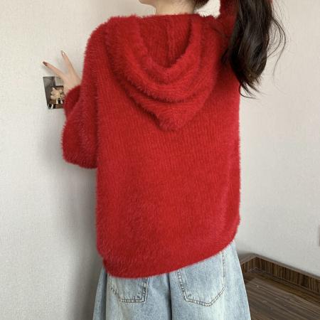 FA54591# 韩味大码胖mm软糯糯韩系大翻领仿水貂慵懒氛围感新年红色毛衣外套  服裝批發女裝批發服飾貨源