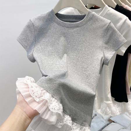 FA54596# 白色纯欲甜美蕾丝花边正肩短袖T恤女夏辣妹修身  服裝批發女裝批發服飾貨源