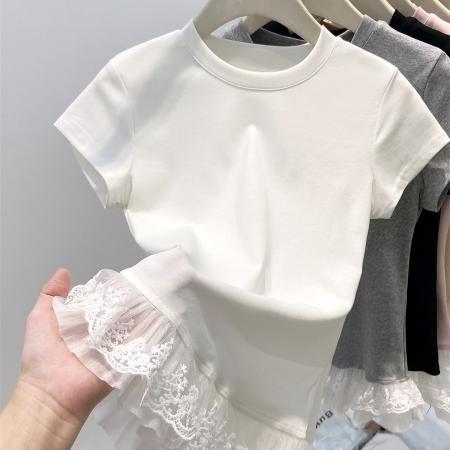 FA54596# 白色纯欲甜美蕾丝花边正肩短袖T恤女夏辣妹修身  服裝批發女裝批發服飾貨源