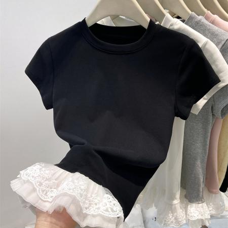 FA54596# 白色纯欲甜美蕾丝花边正肩短袖T恤女夏辣妹修身  服裝批發女裝批發服飾貨源