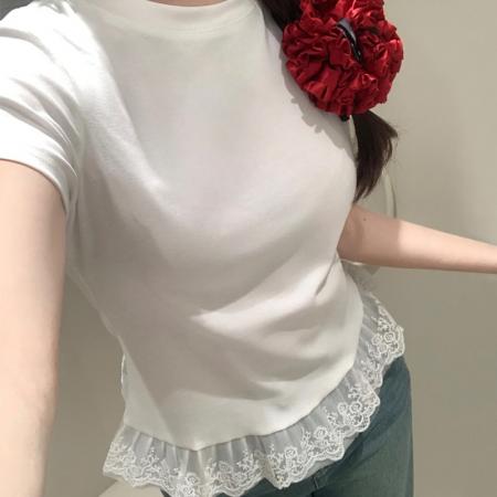 FA54596# 白色纯欲甜美蕾丝花边正肩短袖T恤女夏辣妹修身  服裝批發女裝批發服飾貨源