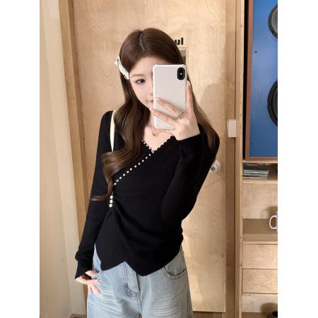 FA54599# 秋冬新款开叉不规则钉珠针织上衣  服裝批發女裝批發服飾貨源