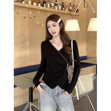 FA54599# 秋冬新款开叉不规则钉珠针织上衣  服裝批發女裝批發服飾貨源