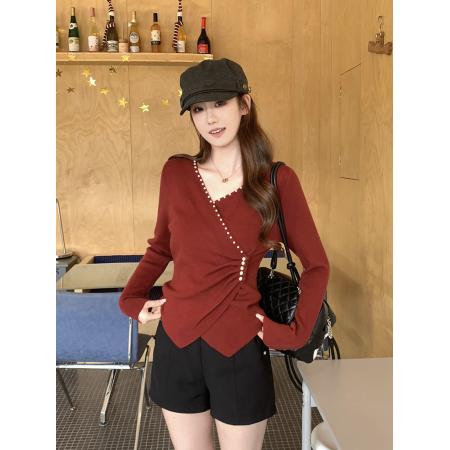 FA54599# 秋冬新款开叉不规则钉珠针织上衣  服裝批發女裝批發服飾貨源