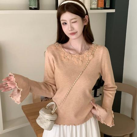 FA54600# 新款ins风立体花朵修身显瘦喇叭袖针织上衣  服裝批發女裝批發服飾貨源