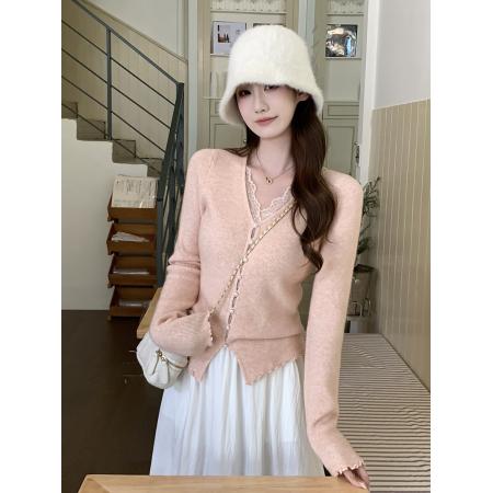 FA54601# 韩系假两件蕾丝拼接V领打底针织上衣  服裝批發女裝批發服飾貨源