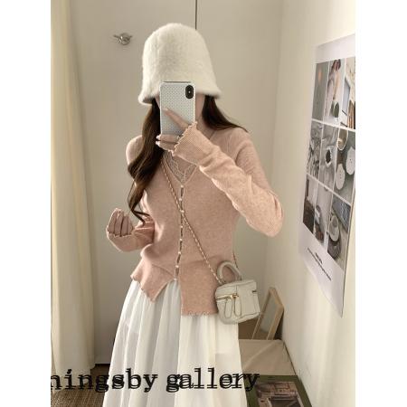 FA54601# 韩系假两件蕾丝拼接V领打底针织上衣  服裝批發女裝批發服飾貨源