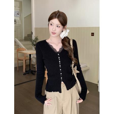 FA54601# 韩系假两件蕾丝拼接V领打底针织上衣  服裝批發女裝批發服飾貨源