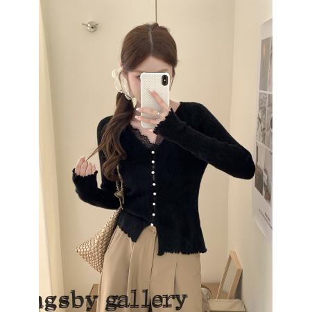 FA54601# 韩系假两件蕾丝拼接V领打底针织上衣  服裝批發女裝批發服飾貨源