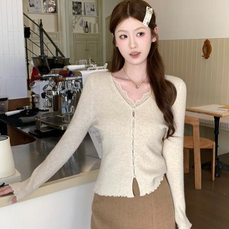 FA54601# 韩系假两件蕾丝拼接V领打底针织上衣  服裝批發女裝批發服飾貨源