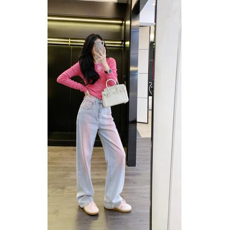 FA54602# 早春水洗晕染腮红粉牛仔裤女韩版高腰直筒宽松显瘦阔腿长裤子  服裝批發女裝批發服飾貨源