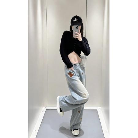 FA54603# 早春韩版可爱小熊刺绣花牛仔裤女高腰直筒宽松显瘦阔腿长裤子  服裝批發女裝批發服飾貨源