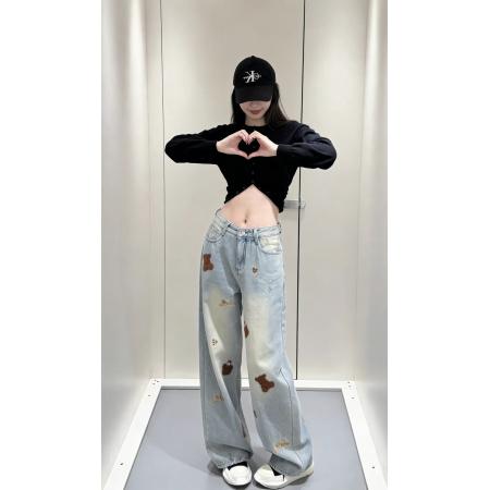 FA54603# 早春韩版可爱小熊刺绣花牛仔裤女高腰直筒宽松显瘦阔腿长裤子  服裝批發女裝批發服飾貨源