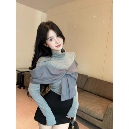 FA54604# 法式纱网拼接长袖T恤女冬季新款设计感修身显瘦打底漂亮小衫  服裝批發女裝批發服飾貨源