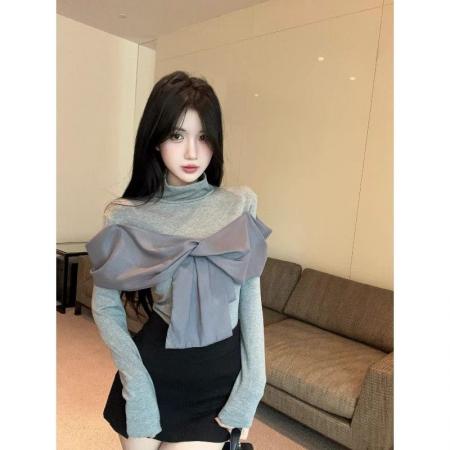 FA54604# 法式纱网拼接长袖T恤女冬季新款设计感修身显瘦打底漂亮小衫  服裝批發女裝批發服飾貨源