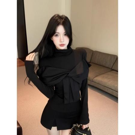 FA54604# 法式纱网拼接长袖T恤女冬季新款设计感修身显瘦打底漂亮小衫  服裝批發女裝批發服飾貨源